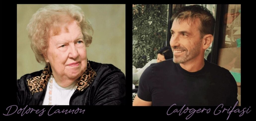 Side-by-side portraits of Dolores Cannon and Calogero Grifasi, two key figures in regressive hypnosis